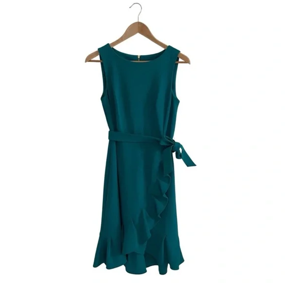 Calvin Klein ruffle sheath dress tie waist flounce hem size 4 teal - Picture 11 of 13
